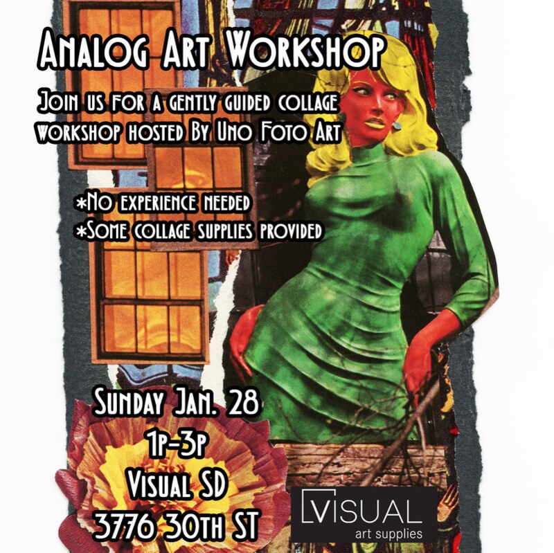 Analog Art collage workshop flyer hosted at VISUAL