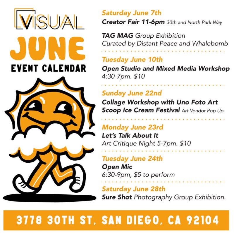 VISUAL June event calendar flyer listing workshops, art critique night and open mic
