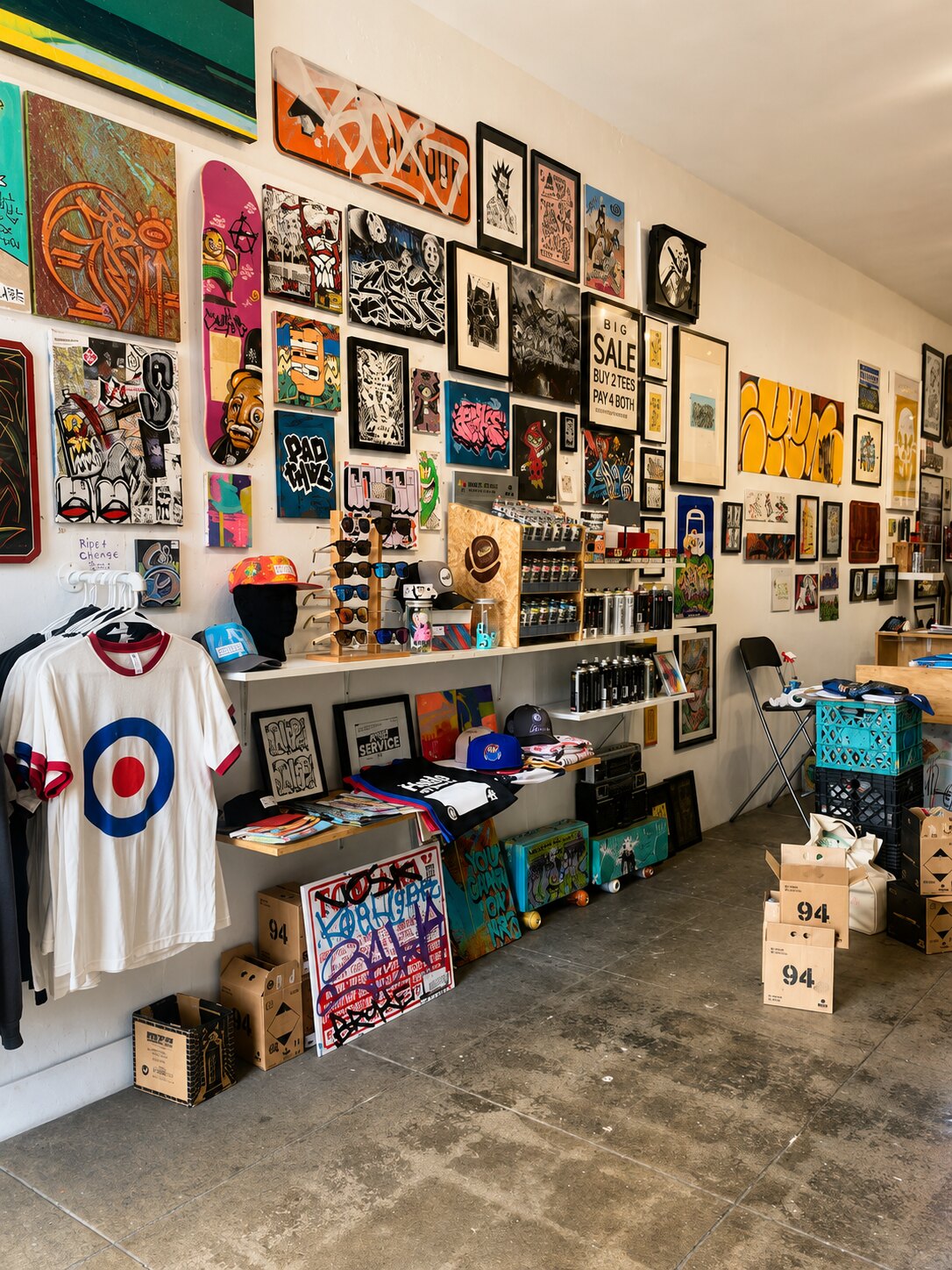 Inside VISUAL art supply, walls of urban contemporary art above shelves of supplies and merch
