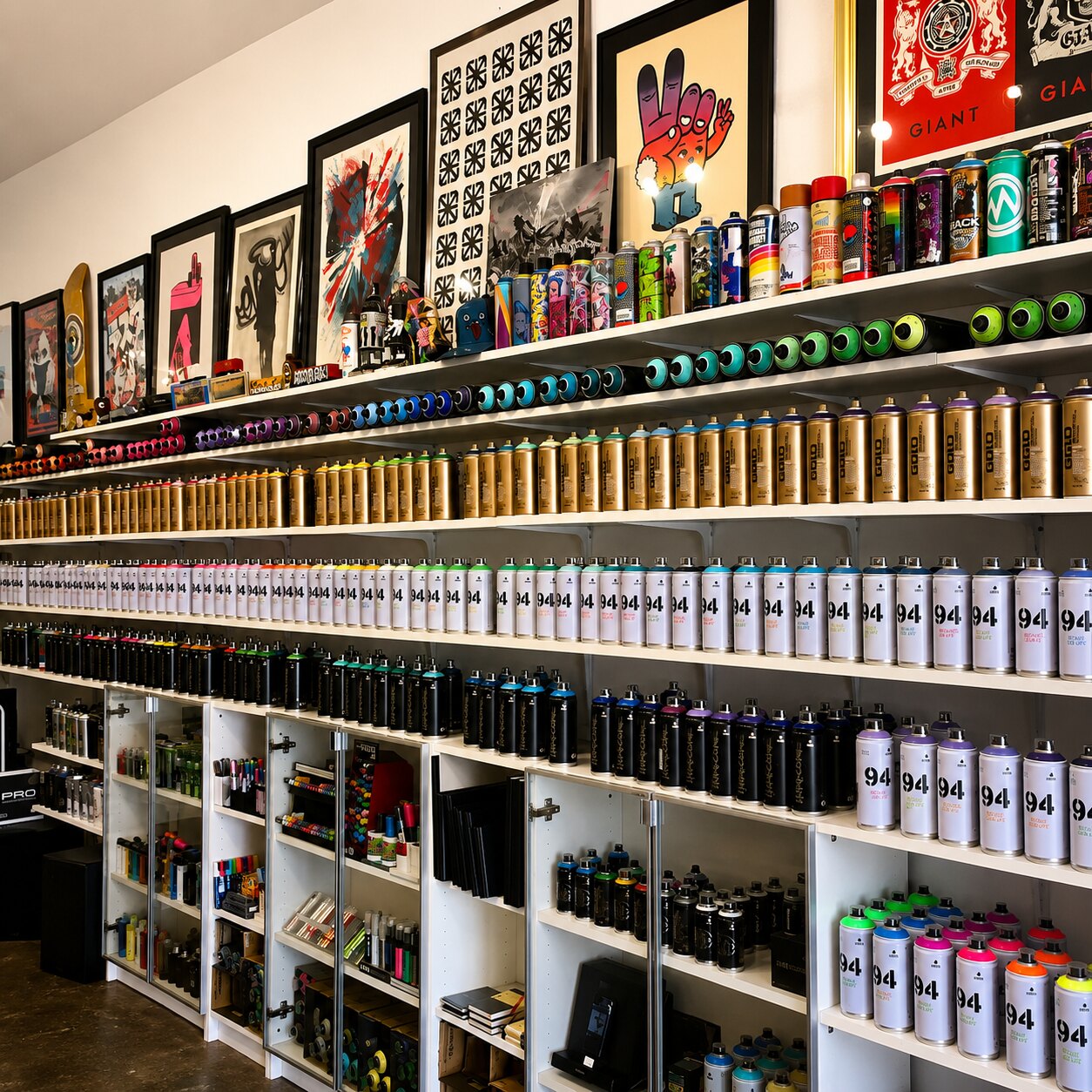 The spray paint wall inside VISUAL art supply, rows of colorful cans beneath framed urban contemporary art