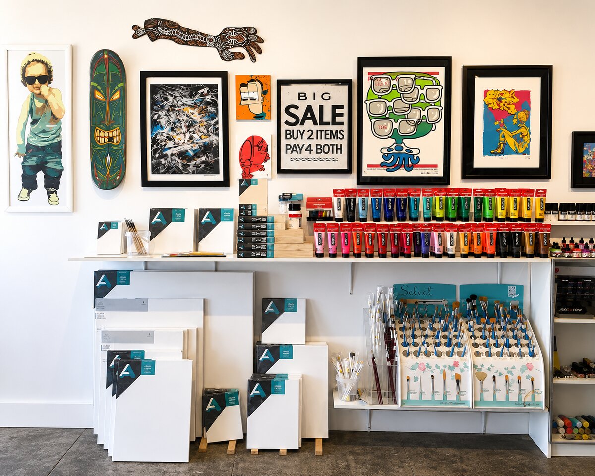 Framed art hung above the paint shelves at VISUAL